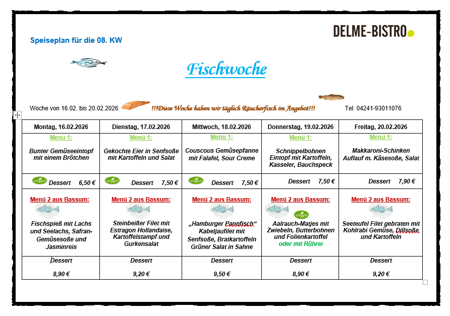 Fischwoche im Delme-Bistro vom 16. - 20. Februar 2026